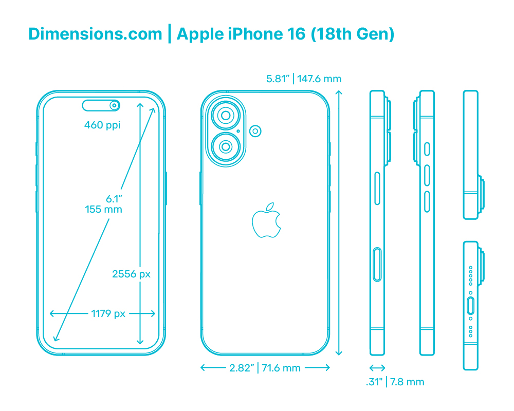 Apple IPhone 16 18th Gen Dimensions Drawings Dimensions